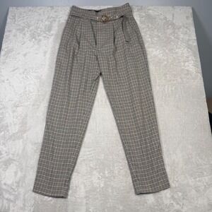 MNG Basics Plaid‎ Belted Trousers Women's Size 8 High Waist Pleated Pants Office